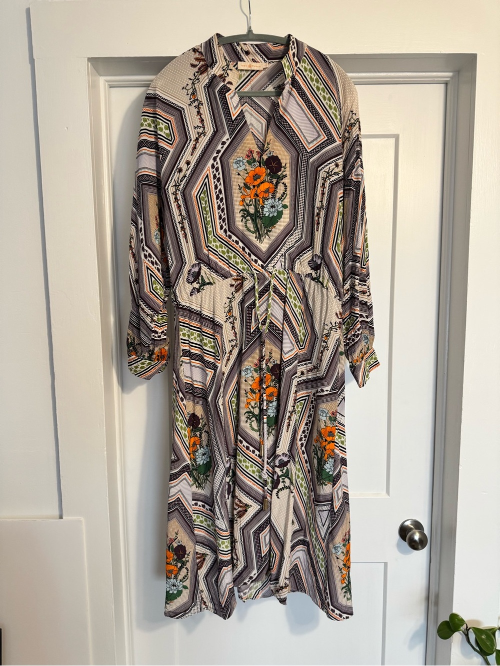 Tory Burch Beige Geometric Midi Dress with Orange Floral Accents